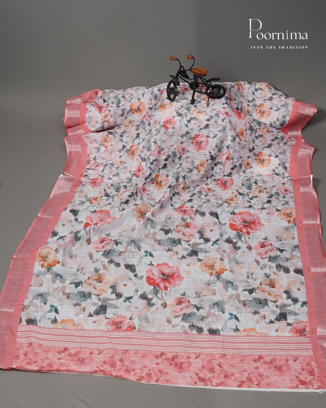 WHITE &amp; PEACH - LINEN SAREE WITH ALLOVER DIGITAL PRINT AND ZARI BORDER