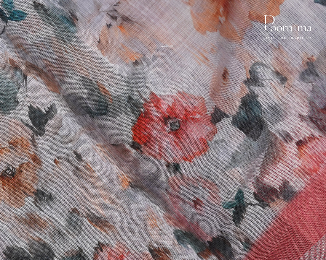 WHITE &amp; PEACH - LINEN SAREE WITH ALLOVER DIGITAL PRINT AND ZARI BORDER