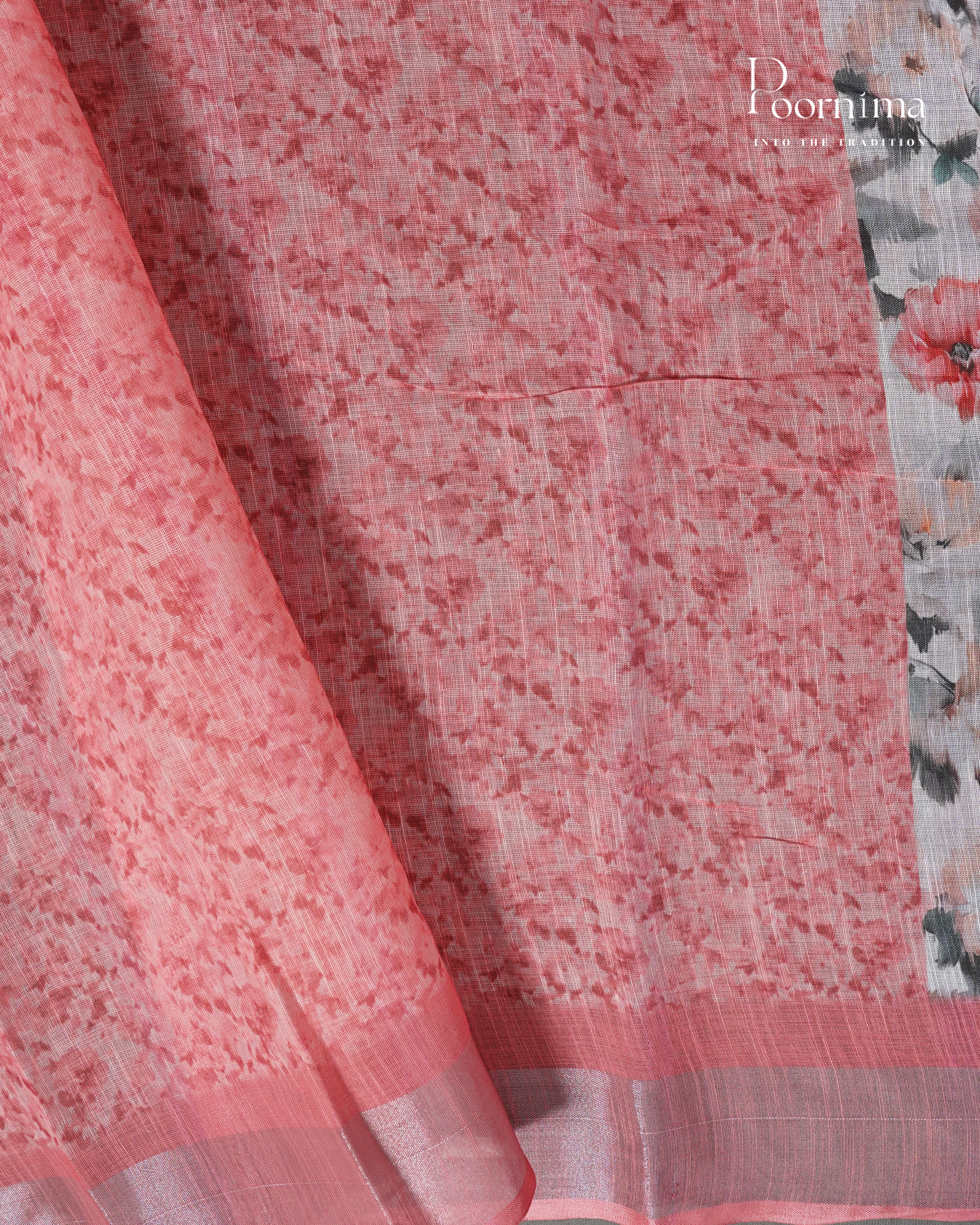 WHITE &amp; PEACH - LINEN SAREE WITH ALLOVER DIGITAL PRINT AND ZARI BORDER