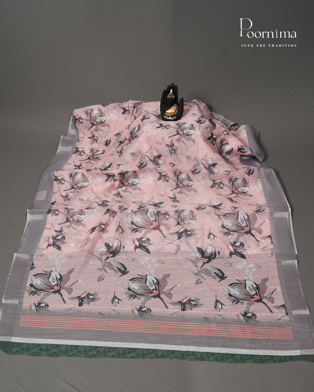 BABY PINK & GREY - LINEN SAREE WITH ALLOVER DIGITAL PRINT AND ZARI BORDER