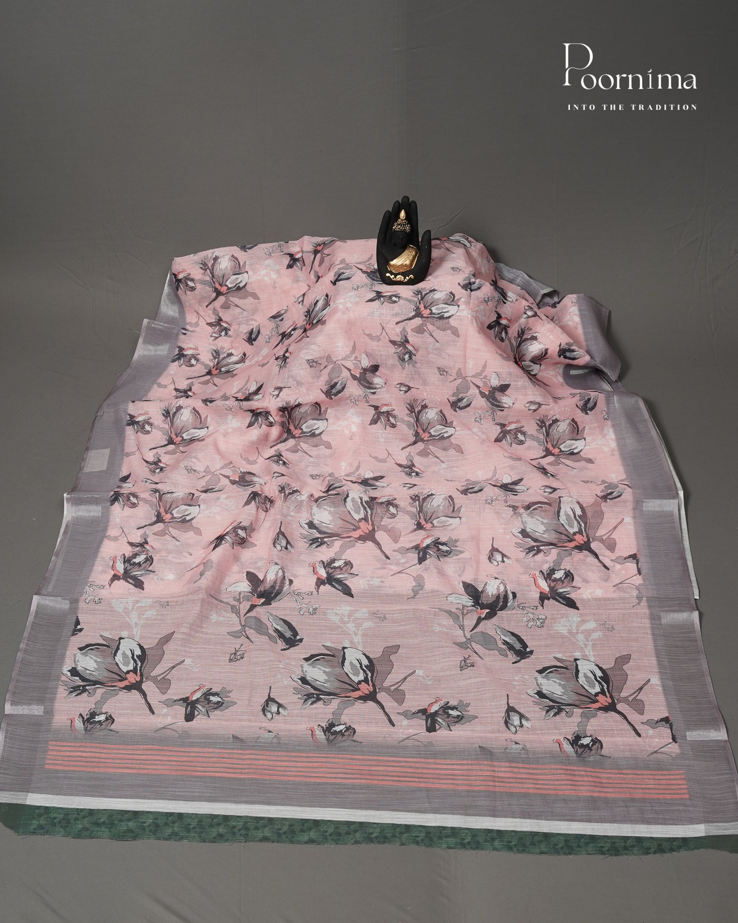 BABY PINK &amp; GREY - LINEN SAREE WITH ALLOVER DIGITAL PRINT AND ZARI BORDER
