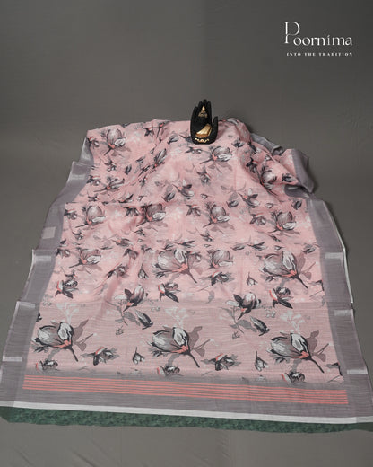 BABY PINK &amp; GREY - LINEN SAREE WITH ALLOVER DIGITAL PRINT AND ZARI BORDER