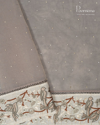 Dark Cream  - CRUSHED ORGANZA SAREE WITH TUSSAR EMBROIDERY BORDER