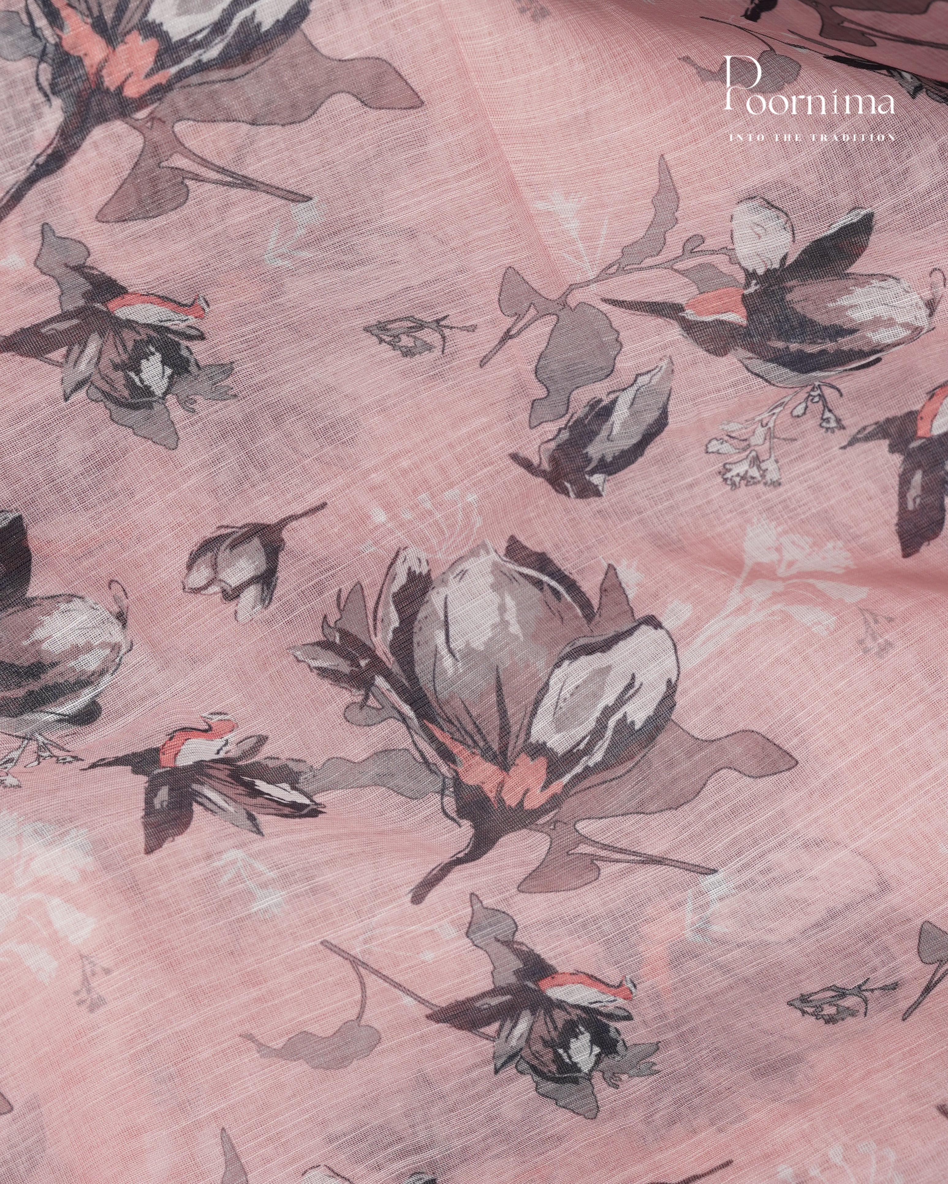 BABY PINK &amp; GREY - LINEN SAREE WITH ALLOVER DIGITAL PRINT AND ZARI BORDER