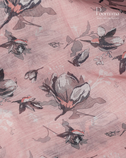 BABY PINK &amp; GREY - LINEN SAREE WITH ALLOVER DIGITAL PRINT AND ZARI BORDER