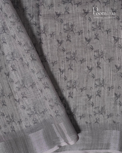 BABY PINK &amp; GREY - LINEN SAREE WITH ALLOVER DIGITAL PRINT AND ZARI BORDER