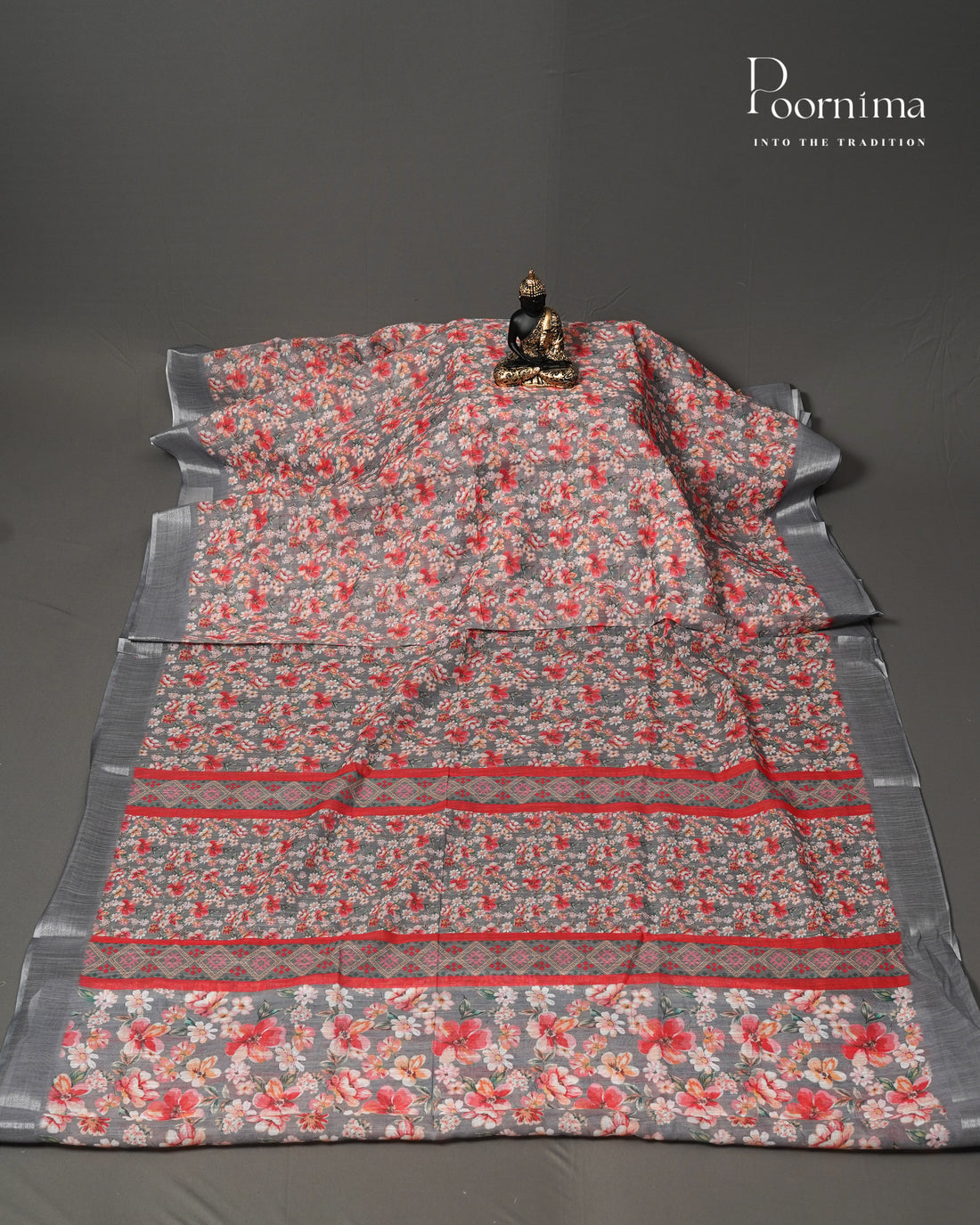 GREY - LINEN SAREE WITH ALLOVER DIGITAL PRINT AND ZARI BORDER