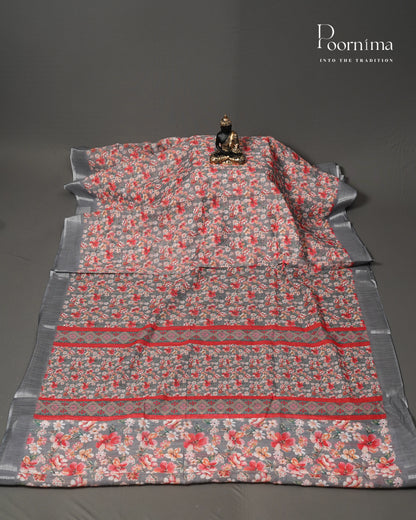 GREY - LINEN SAREE WITH ALLOVER DIGITAL PRINT AND ZARI BORDER
