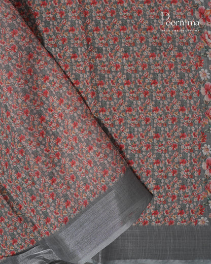 GREY - LINEN SAREE WITH ALLOVER DIGITAL PRINT AND ZARI BORDER