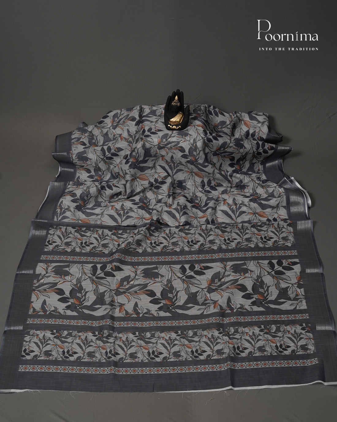 DARK GREY - LINEN SAREE WITH ALLOVER DIGITAL PRINT AND ZARI BORDER