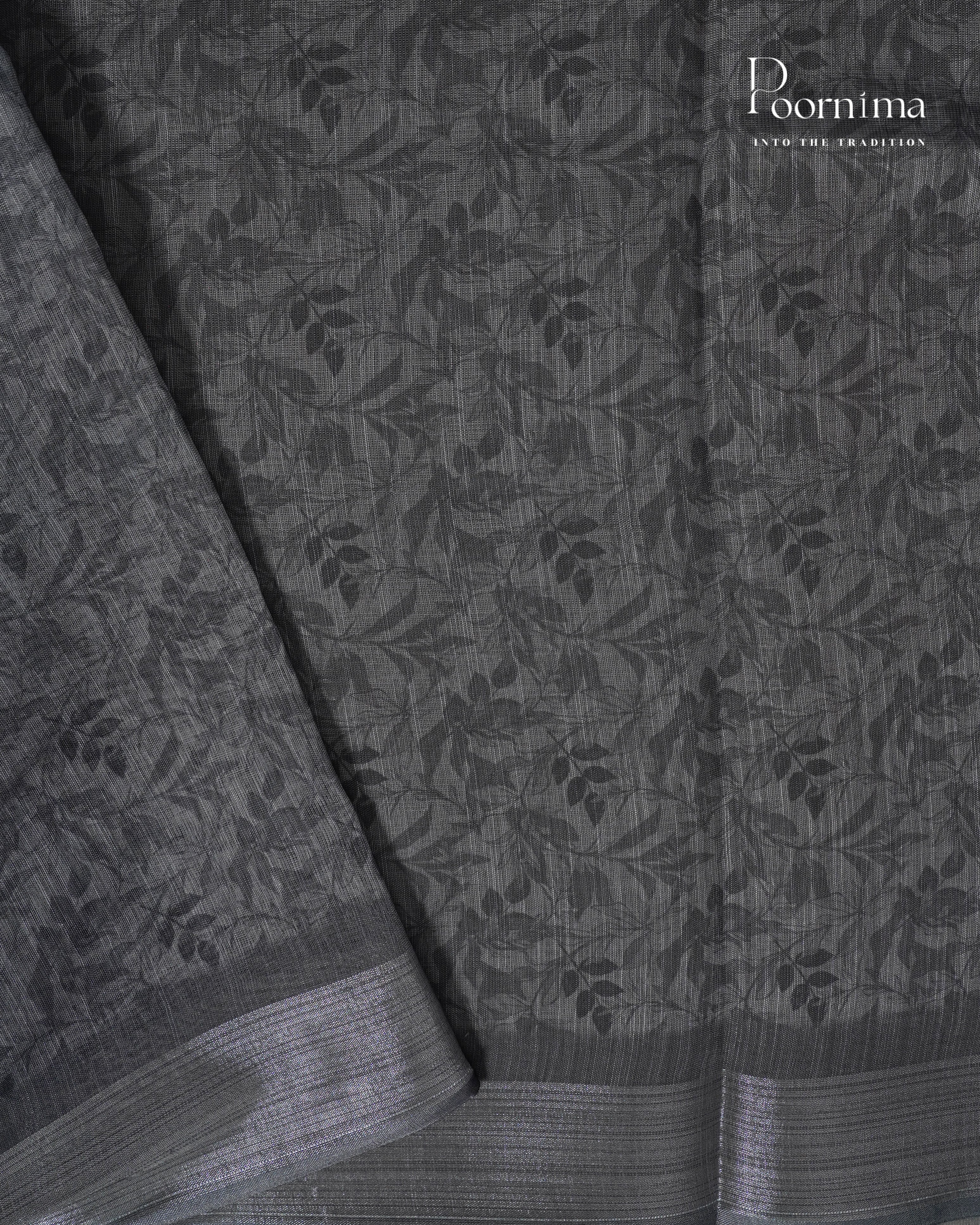 DARK GREY - LINEN SAREE WITH ALLOVER DIGITAL PRINT AND ZARI BORDER