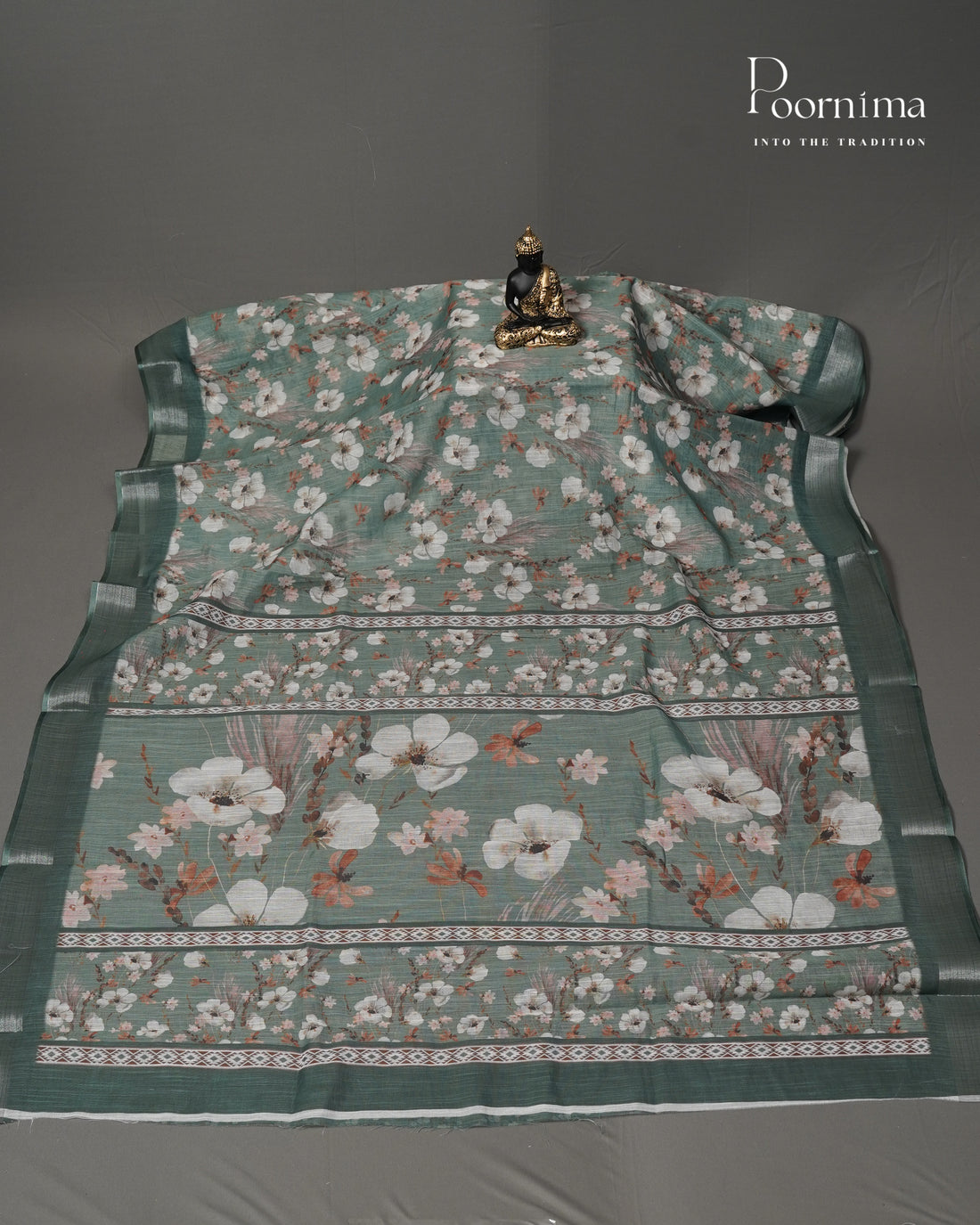 OLIVE GREEN - LINEN SAREE WITH ALLOVER DIGITAL PRINT AND ZARI BORDER