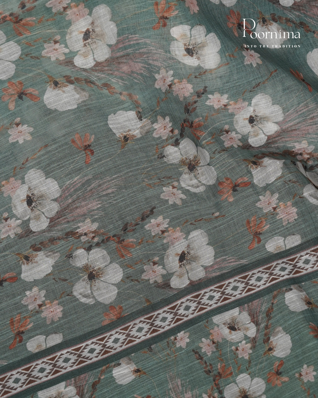 OLIVE GREEN - LINEN SAREE WITH ALLOVER DIGITAL PRINT AND ZARI BORDER