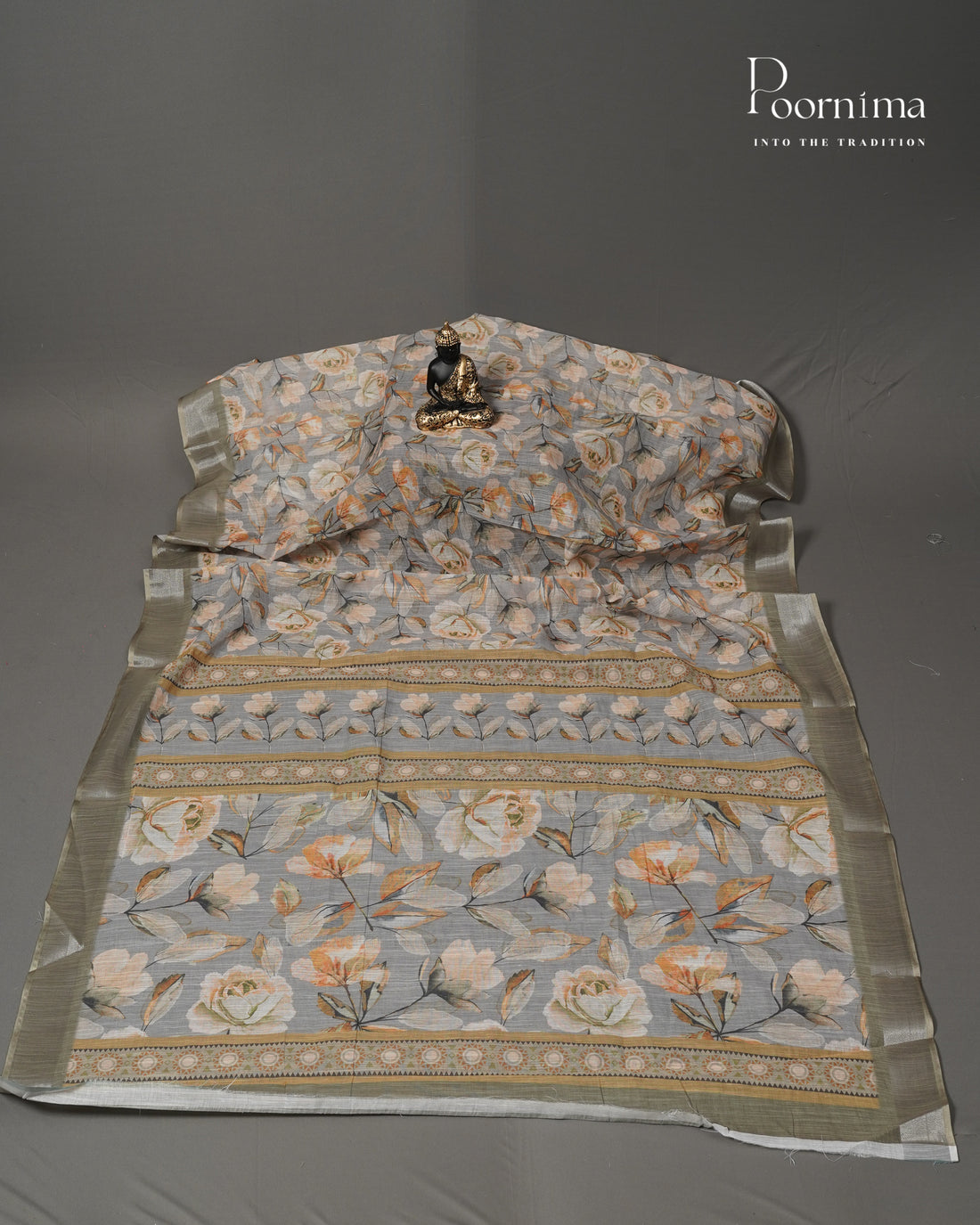 GREY & OLIVE GREEN - LINEN SAREE WITH ALLOVER DIGITAL PRINT AND ZARI BORDER