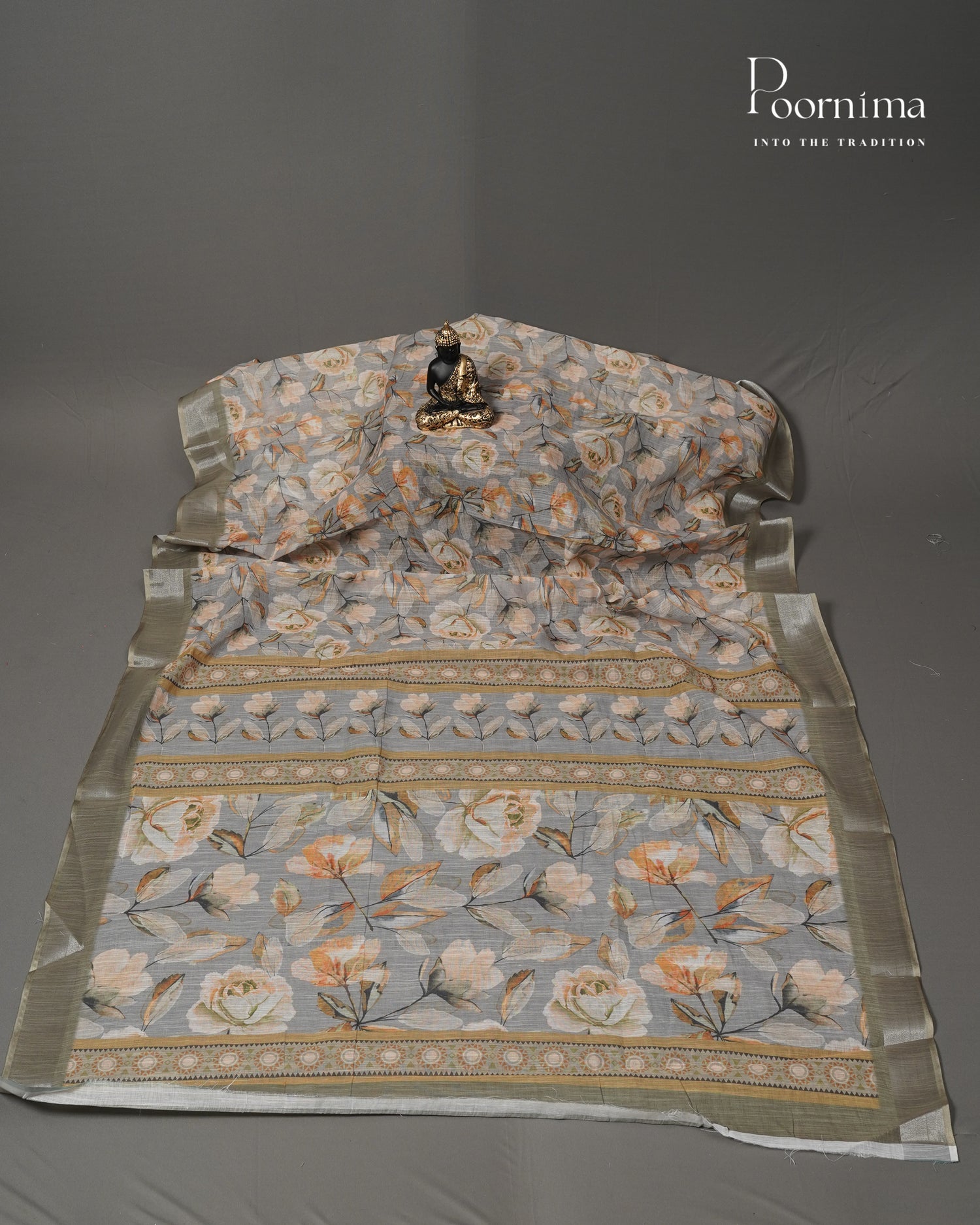 GREY &amp; OLIVE GREEN - LINEN SAREE WITH ALLOVER DIGITAL PRINT AND ZARI BORDER
