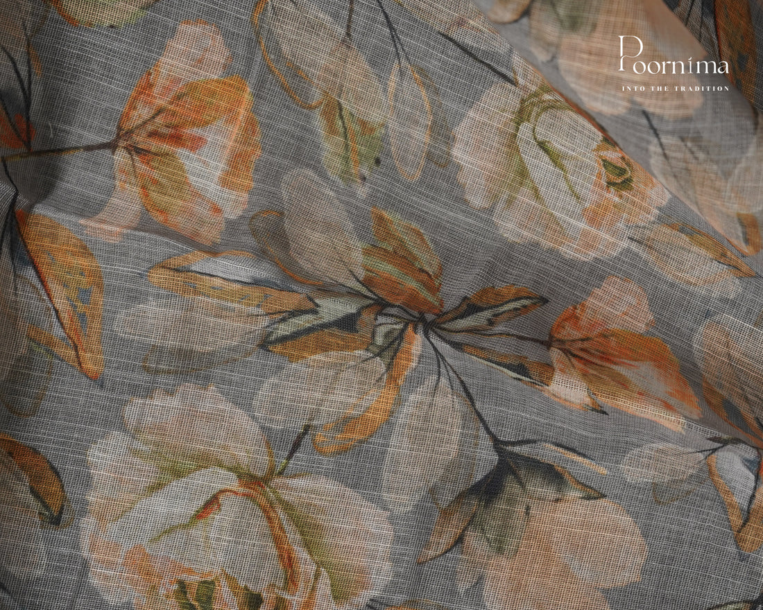 GREY & OLIVE GREEN - LINEN SAREE WITH ALLOVER DIGITAL PRINT AND ZARI BORDER