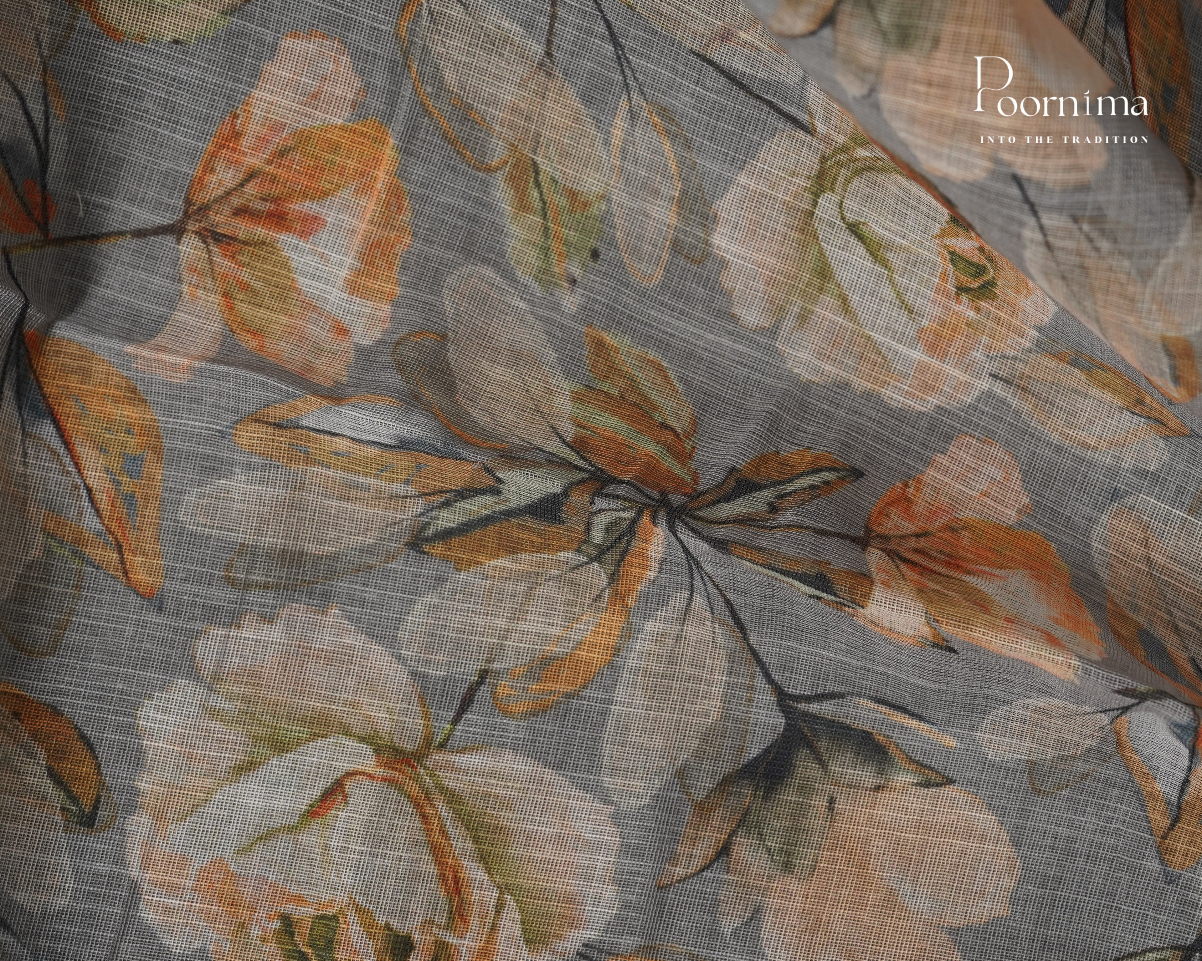 GREY &amp; OLIVE GREEN - LINEN SAREE WITH ALLOVER DIGITAL PRINT AND ZARI BORDER