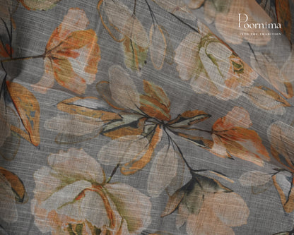 GREY &amp; OLIVE GREEN - LINEN SAREE WITH ALLOVER DIGITAL PRINT AND ZARI BORDER