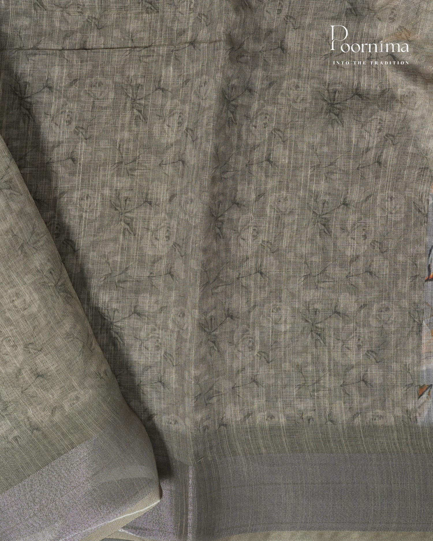 GREY &amp; OLIVE GREEN - LINEN SAREE WITH ALLOVER DIGITAL PRINT AND ZARI BORDER
