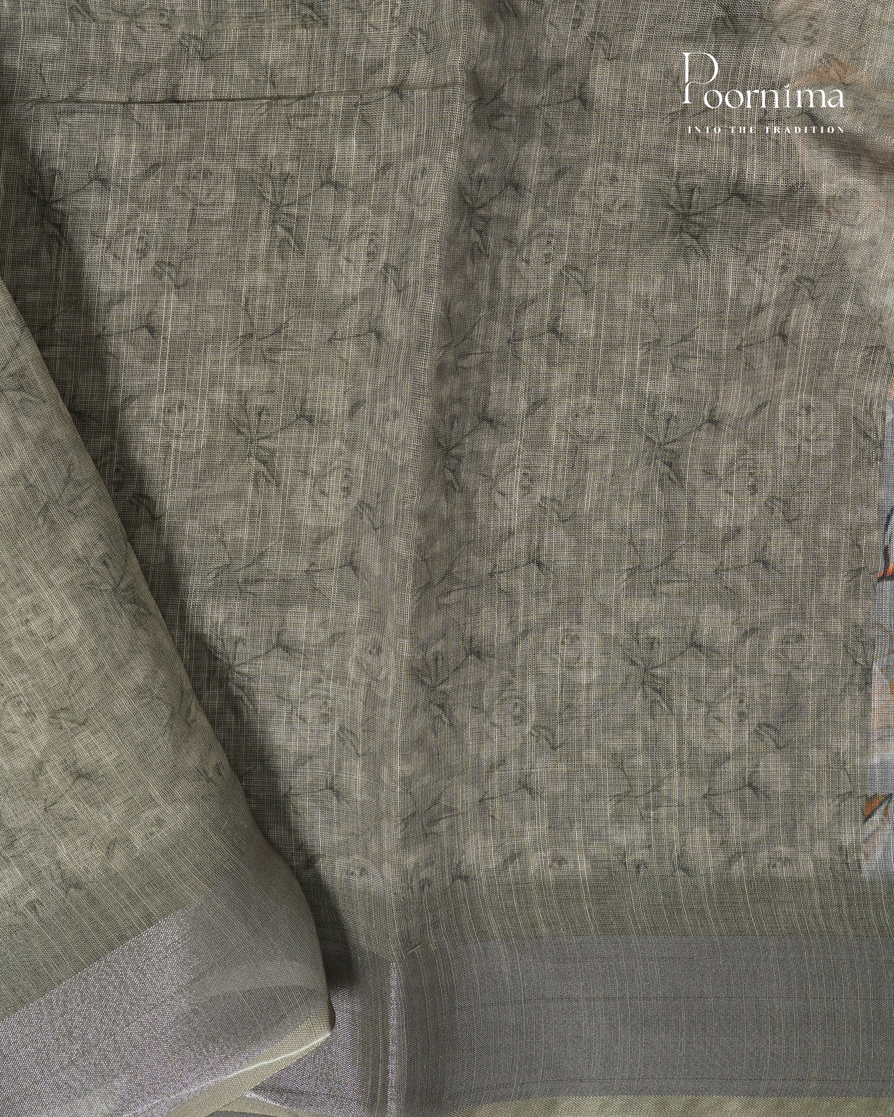 GREY &amp; OLIVE GREEN - LINEN SAREE WITH ALLOVER DIGITAL PRINT AND ZARI BORDER