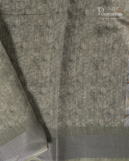 GREY &amp; OLIVE GREEN - LINEN SAREE WITH ALLOVER DIGITAL PRINT AND ZARI BORDER