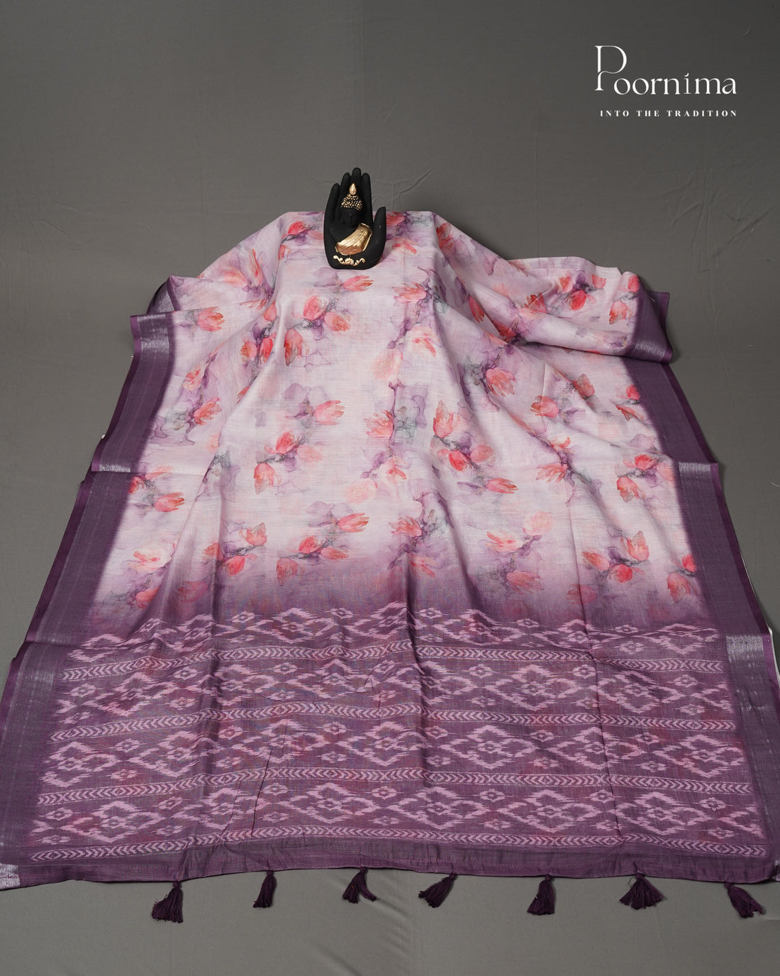PINK &amp; PURPLE - LINEN SAREE WITH ALLOVER DIGITAL PRINT AND ZARI BORDER