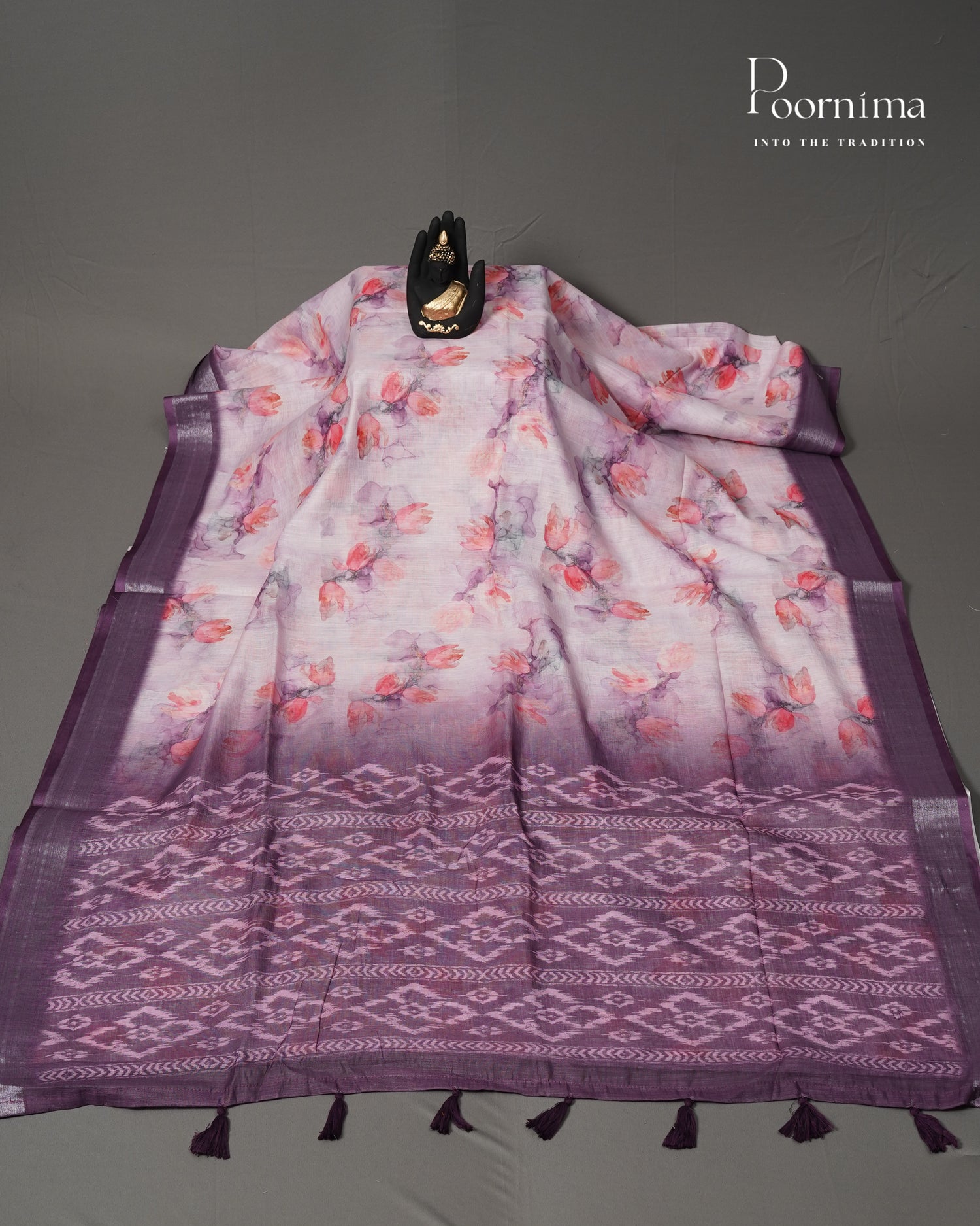 PINK &amp; PURPLE - LINEN SAREE WITH ALLOVER DIGITAL PRINT AND ZARI BORDER