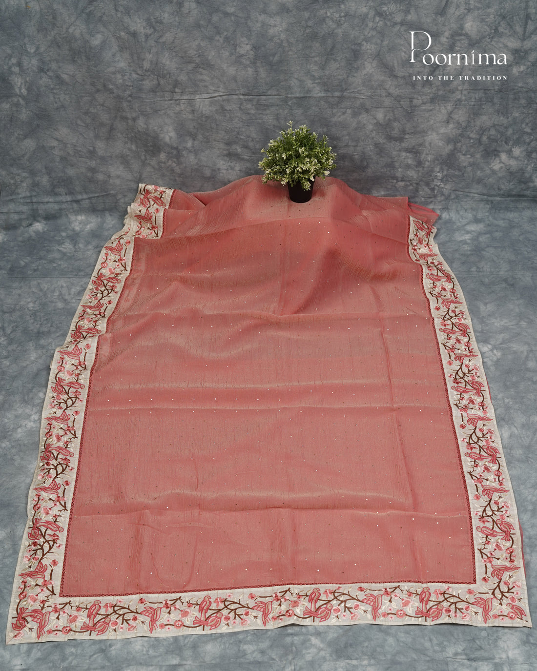 PEACH - CRUSHED ORGANZA SAREE WITH PURE TUSSAR EMBRIODERY BORDER