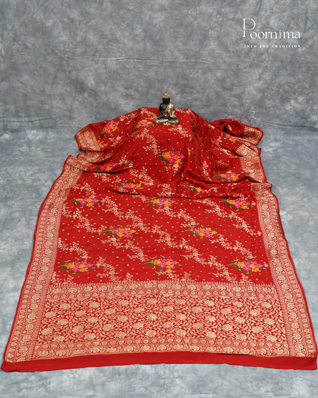 Tussar Georgette Sraee Red combination with zari woven all over