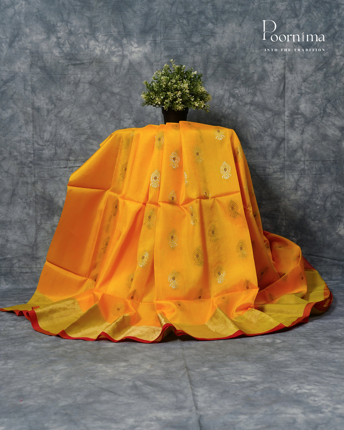 YELLOW &amp; RED - ARNI KANJIVARAM SOFT SILK SAREE WITH ALLOVER ZARI BUTTI AND ZARI BORDER